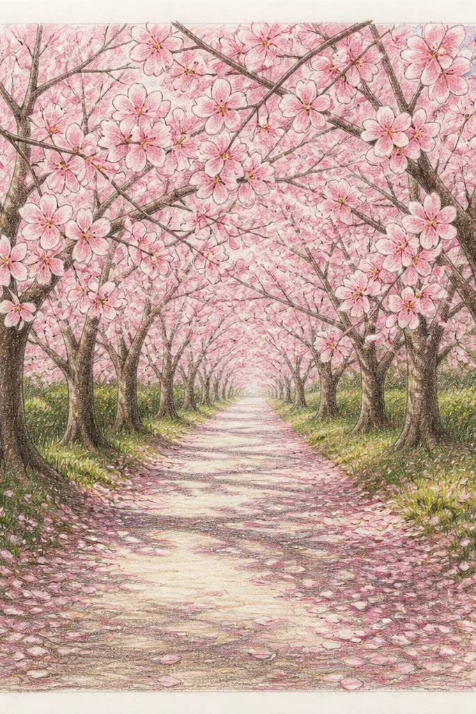 A pencil sketch of a straight walkway that narrows to a single vanishing point. Cherry blossom trees frame both sides with loose branch lines. The ground is lightly shaded, and small clusters of pink blossoms scatter across the path like drifting petals. A few darker pink blooms sit near the bottom corners, while the rest fade toward the center.