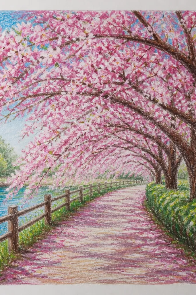 A curved walkway that bends left, under an arch of cherry blossom branches. The branches form a tunnel effect, with blossoms hanging in clusters overhead. The tunnel sides show thicker, darker trunks and lighter blossoms toward the back. The ground has long, curved shadow lines that follow the path bend.