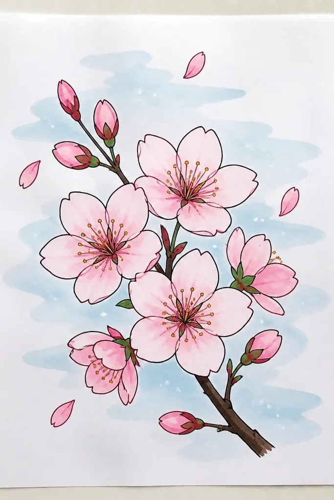 A light gray-blue background with a foggy wash. The path is faint and the paving lines are barely visible. Cherry blossom branches appear as thin silhouettes on both sides, with blossoms floating in layers. The nearest blossoms are more saturated pink, while distant ones are almost the color of the mist.