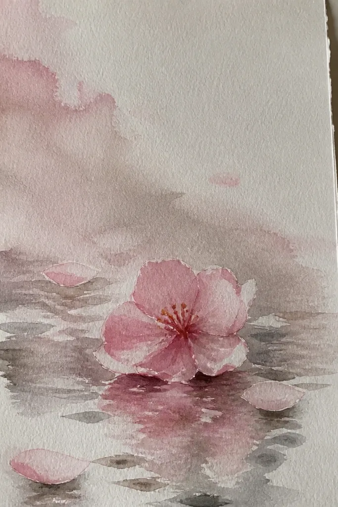 A hand-drawn path with a few shallow puddles. Pink blossoms are scattered across the puddles, and their shapes reflect downward as faint mirrored clusters. The rest of the path is dry and lightly shaded. Branches and blossoms sit along the sides, but the puddle area is the visual focus with deeper pink tones.