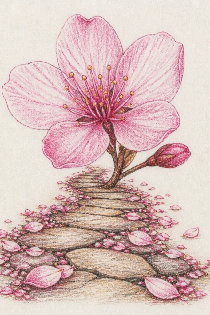 A detailed path of paving stones drawn as repeating rhombus shapes that converge toward the center. Cherry blossom clusters are sprinkled along the stones in small, irregular groups. The stones are gray with slight pink tint near blossoms, and the branches are thin with minimal blossoms so the pattern stays clear.