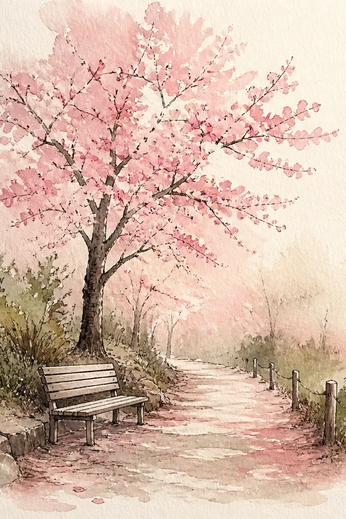 A walkway with a simple park bench on the side. Cherry blossom branches arch overhead, and the ground near the bench has a soft pink glow. Blossoms fall in a gentle curve toward the bench, and the paving stones are lightly sketched. The bench is dark gray with a few pink petals resting on it.