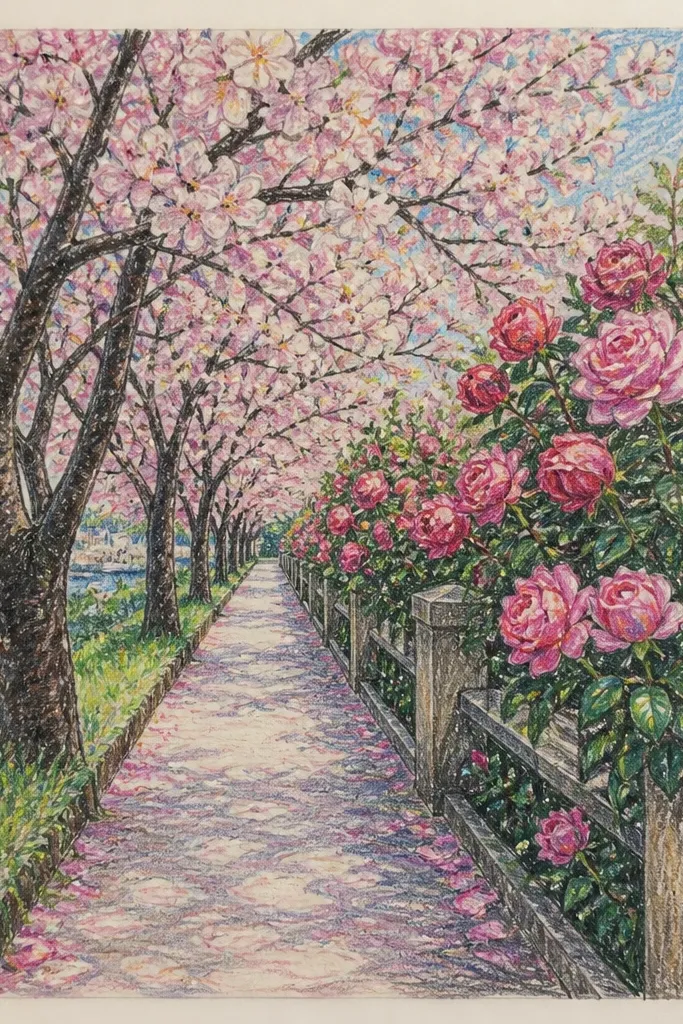 A cherry blossom path with a border strip on both sides. The border strip has small rose-like buds and green leaves, while cherry blossoms hang higher from trees. The center path is pale gray with faint paving lines. The colors are pink, pale green, and gray, with a gentle gradient toward the back.