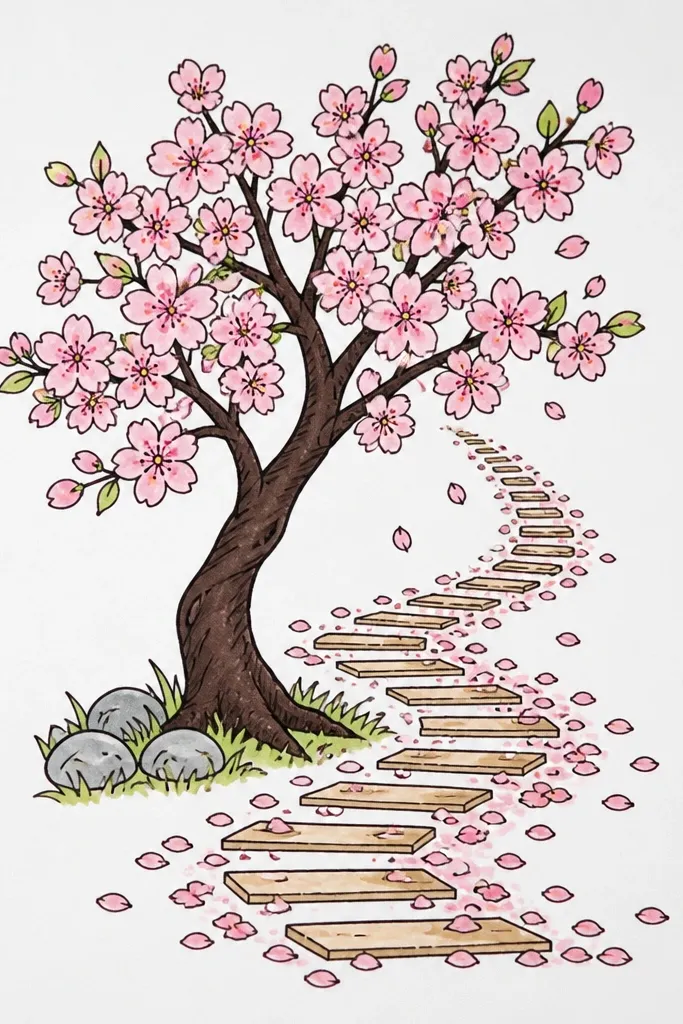 A path that turns into a staircase made of simple step rectangles. Cherry blossom petals form curved trails across each step. Branches and blossoms frame the top and sides, and the steps cast soft shadow lines that curve with the staircase. The nearest petals are darker and more detailed, fading upward toward the top.