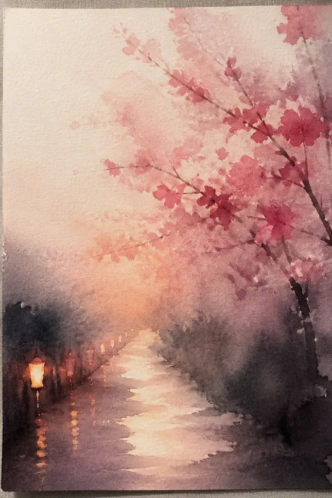 A night scene with a dark blue background. Two warm lanterns sit along the path edges, shown as small glowing circles with soft halos. Cherry blossom branches frame the walkway, and blossoms appear as pale pink dots and clusters catching the lantern light. The path is dark with subtle reflections and light ground shading.