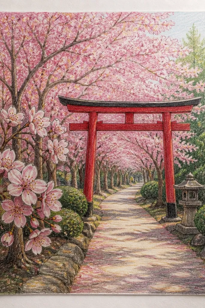 A long cherry blossom path leading to a torii gate at the far end. The gate is a deep red-orange with simple crossbeams. Blossoms fall in front of and around the gate, with the densest cluster near the center. The path sides show thin trees and branch lines that fade into the distance.