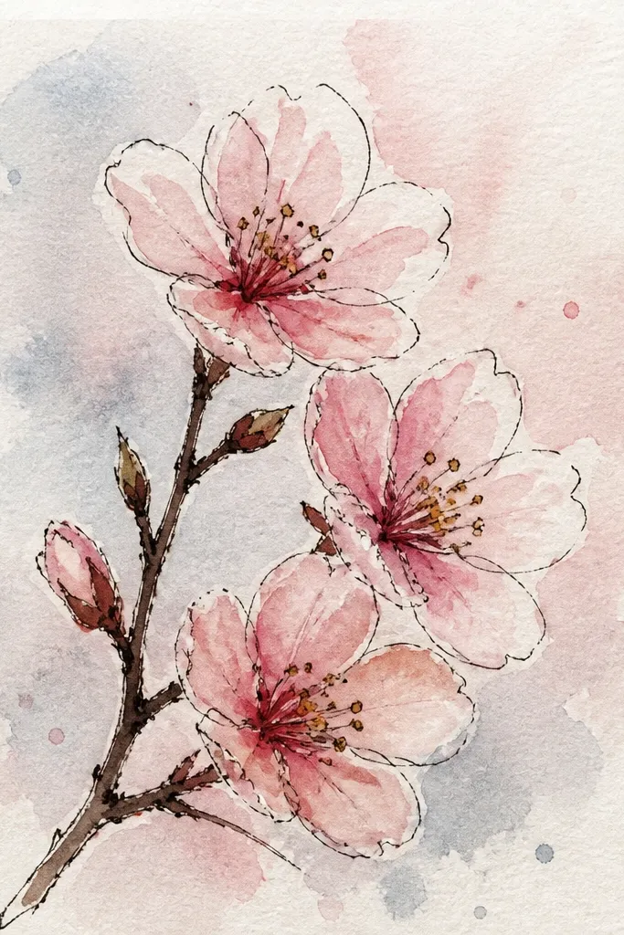A watercolor pencil background wash in pale pink and gray-blue. The path is lightly sketched and the blossoms are inked with a fine liner, then lightly colored. Branches are darker ink lines with a few blossom clusters. The contrast is strongest on the nearest blossoms, while distant ones are lighter and blurrier.