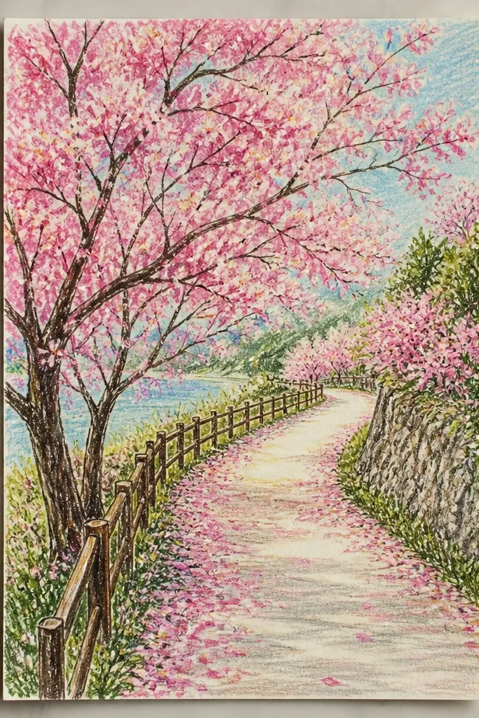 A nearly blank page with only a pale path line and a few simple branch strokes. Cherry blossom clusters are small and drawn with minimal line marks - a few teardrops and a dot center. The color is light pink watercolor only in tiny areas, mostly near the bottom. The rest of the page is uncolored except a faint gray ground line.