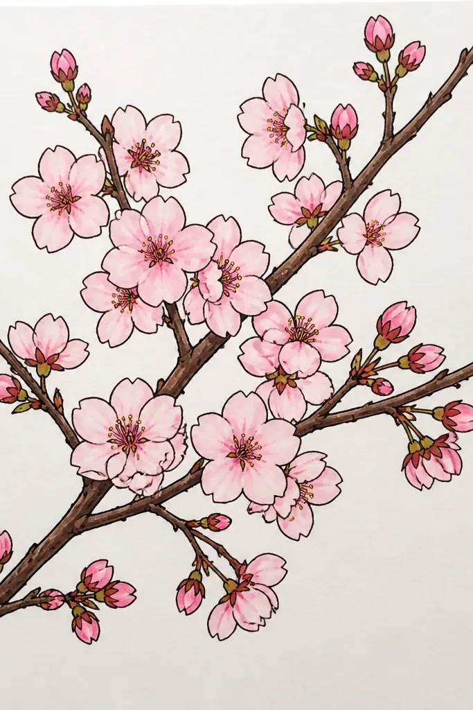 Two thick cherry blossom branches cross near the bottom of the page like a frame. Blossoms cluster along the branches in concentrated pink. Behind the branches, the path recedes into the distance with softer details and lighter blossoms. The foreground branches are darker and sharper, and the background is pale and airy.