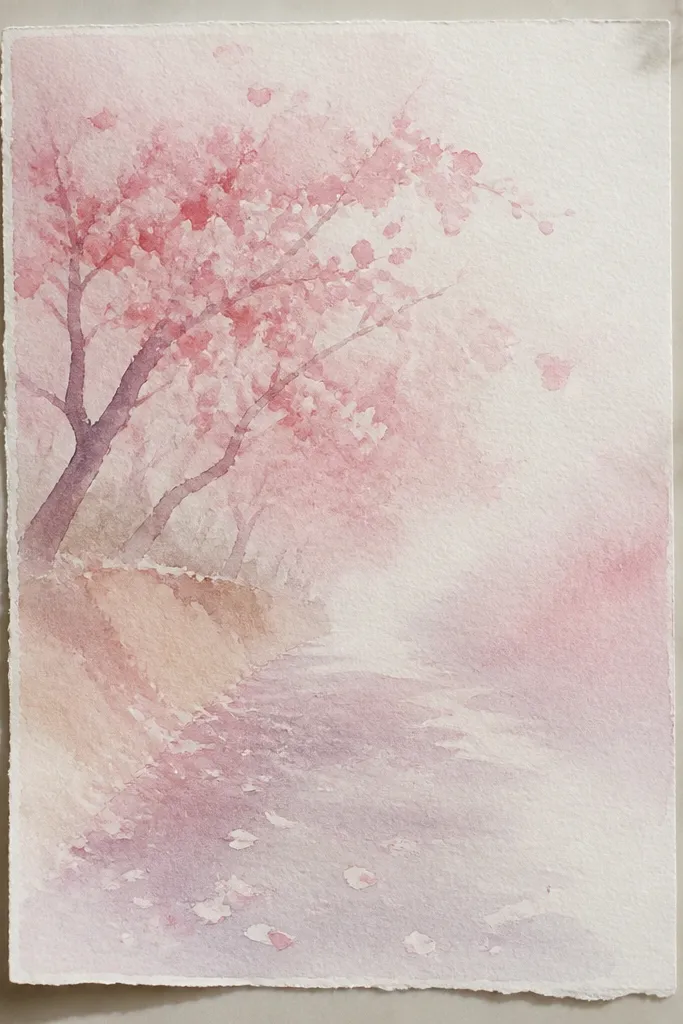 A chalky drawing on textured paper. The path is shaded in pale gray and light lavender. Petals and blossom clusters look powdery, with softened edges. Branches are drawn in light charcoal and then lightly colored. The blossoms near the viewer are brighter pink, while the back fades into a smooth haze.