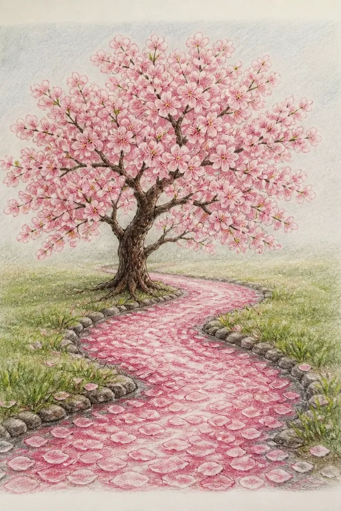 A walkway with a smooth ribbon of pink petals flowing down the center like a stream. The path sides are gray with paving lines, while the center ribbon is layered pink and pale white highlights. Blossoms sit along the ribbon edges, with larger clusters near the viewer and smaller ones fading toward the back. Branches frame the sides with thin lines.
