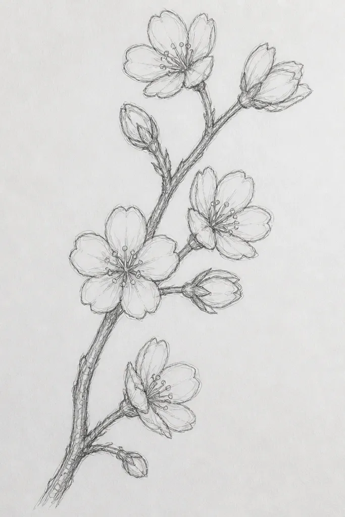 A clean page with one thin branch rising diagonally from the lower left. Small cherry blossom clusters sit along the branch like rounded dots. The petals are tiny curved strokes with a darker center, and the background stays mostly blank white.