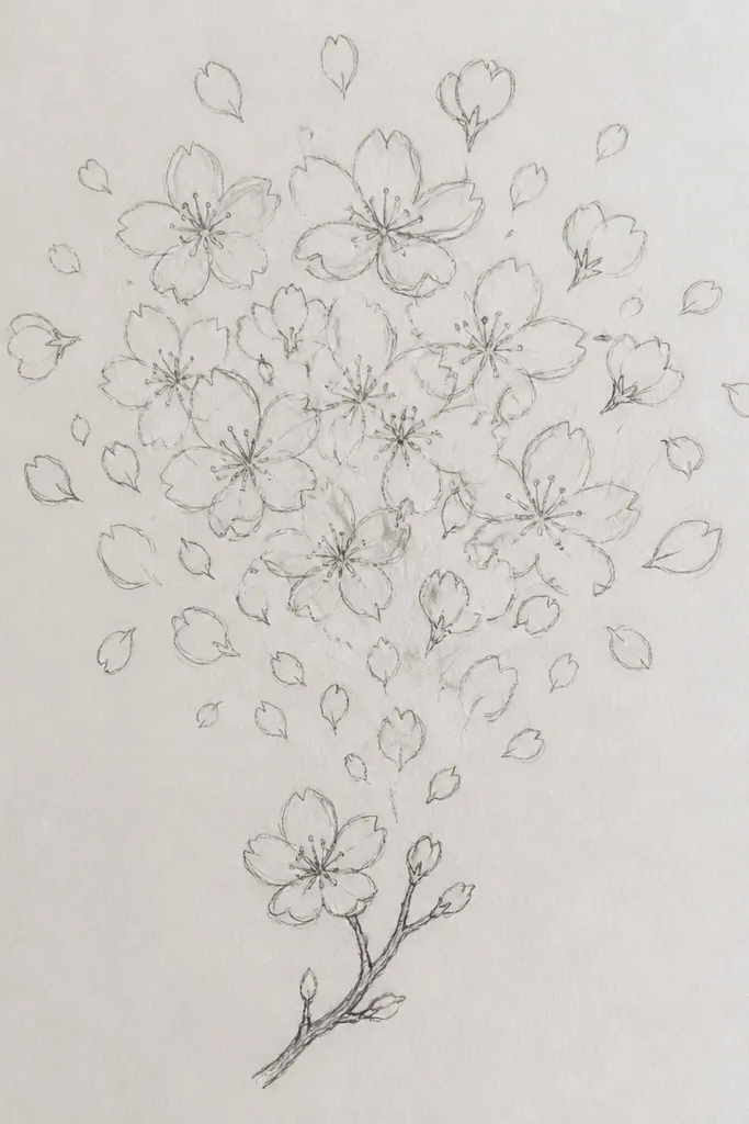 A small twig sits near the bottom center. Above it, a wide soft cloud of blossoms fills the top half of the page. Petals are drawn as small curved strokes, and the center of each cluster has a darker graphite dot.