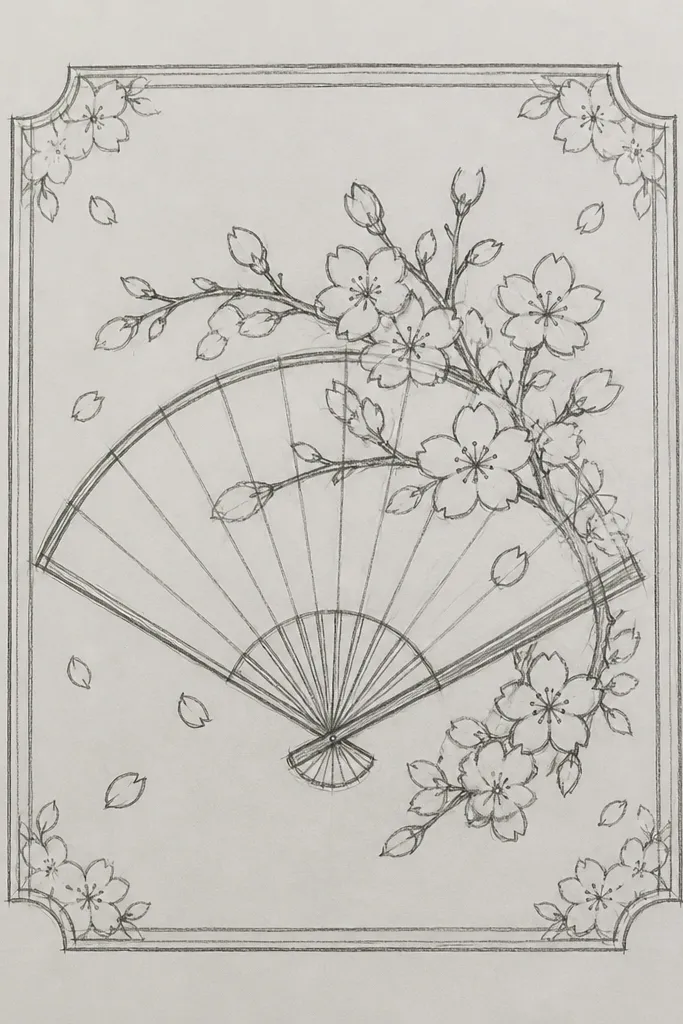 A hand-drawn fan shape sits inside a page border. Along the fan ribs, blossoms appear in repeating clusters. The outer edges are clean, with petals and tiny leaves tucked near the ribs.