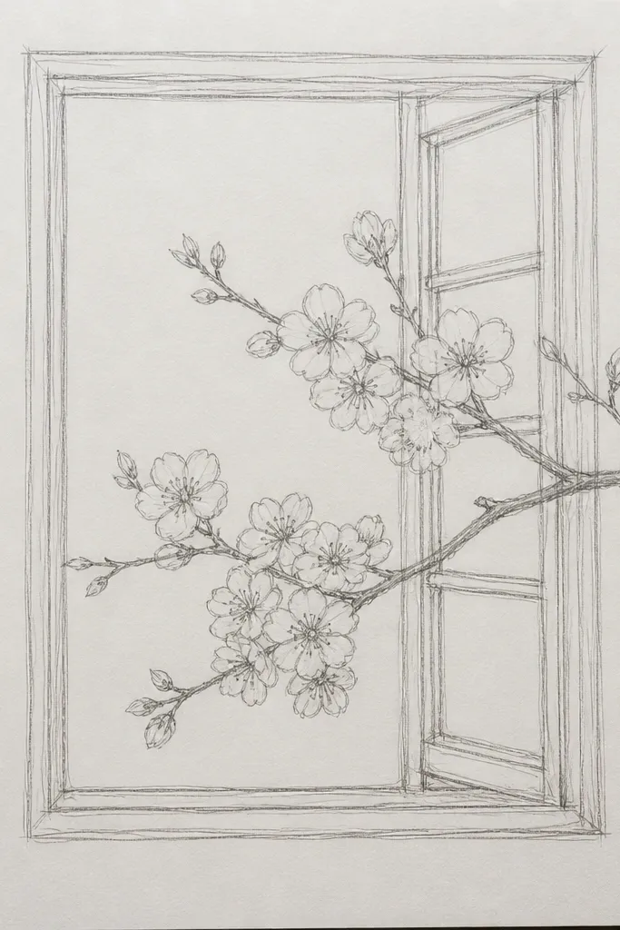 A simple window rectangle with two panes. A cherry blossom branch crosses the glass area, with clusters partly inside the window frame. The outer frame is darker, and blossoms fade slightly toward the back.