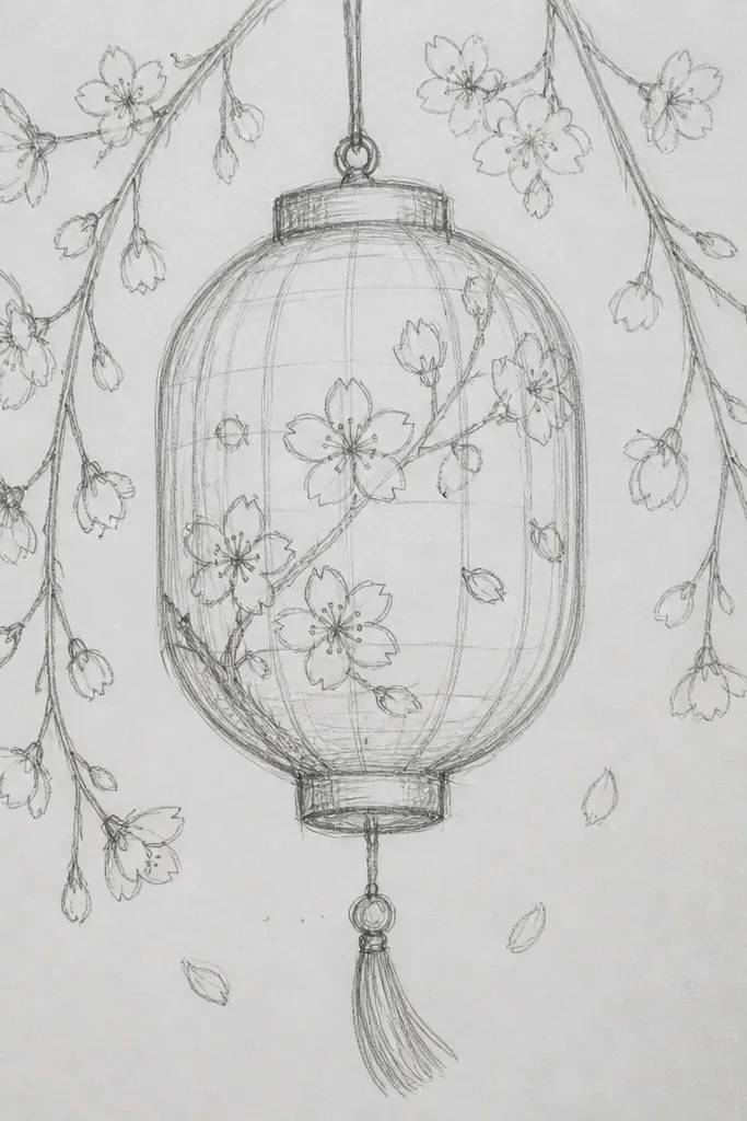 A lantern shape with a rounded top and bottom. From the top hang small blossom clusters like ornaments. The lantern body has a few vertical lines, and blossoms are drawn as small petal groups with darker centers.