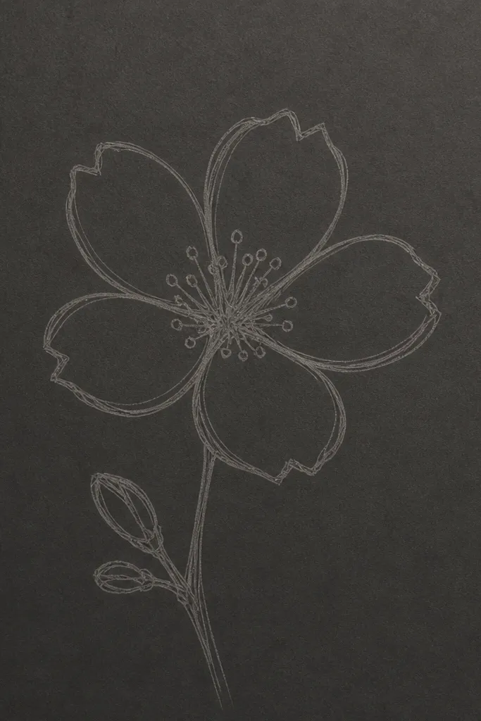 The page has a soft gray wash area near the bottom. A branch silhouette rises into the lighter top, with blossoms shown as lighter cutouts or faint outlines against the gray.