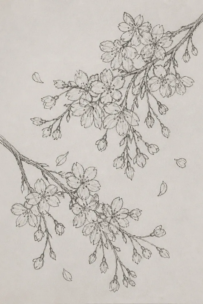 Two branches fall in opposite directions from a high center point, like a Y shape. Clusters of blossoms sit along both branches, with a few petals slightly blurred by gentle shading.