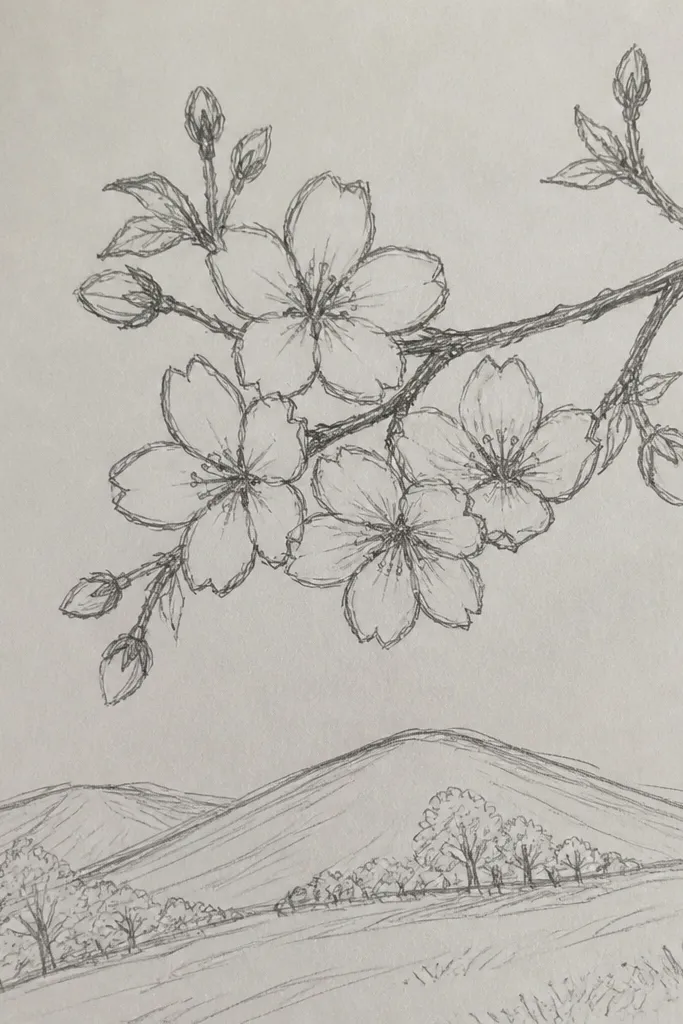 A simple two-tone hill shape at the bottom left, drawn with a light gray base. Blossoms float above the hill on a branch that comes in from the right edge.