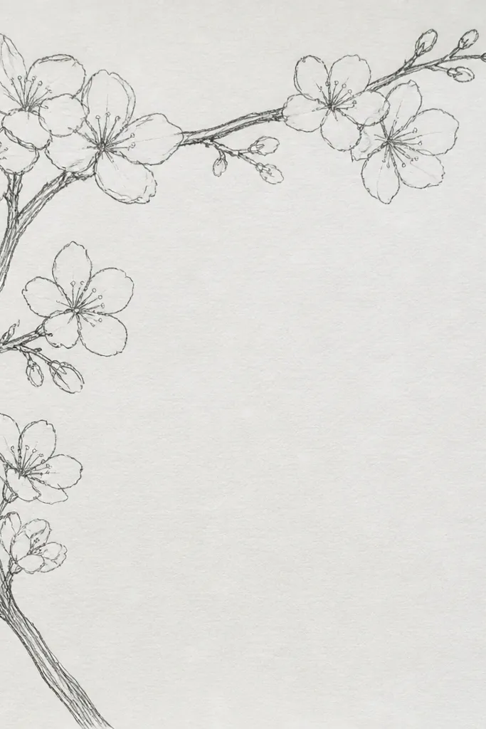 A drawing cropped at the left and top edges, showing only the corner of a cherry tree. Thick branch lines run across the corner with blossom clusters filling the open area in the middle.