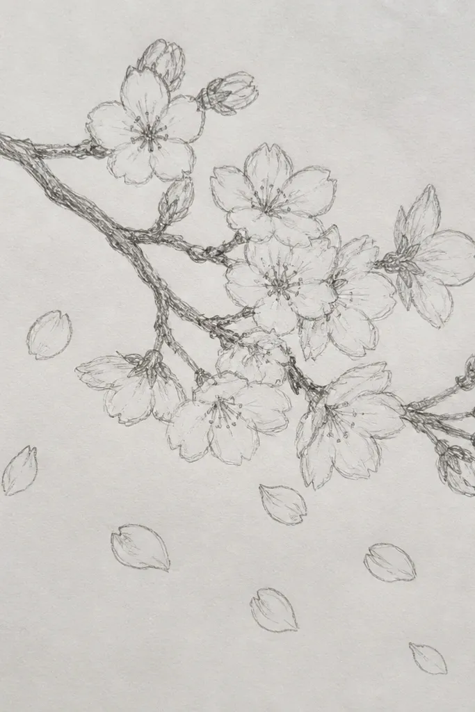 A branch with clusters sits near the upper left. Several individual petals float down across the page, drawn as single curved shapes with tiny darker centers. The background stays mostly white.