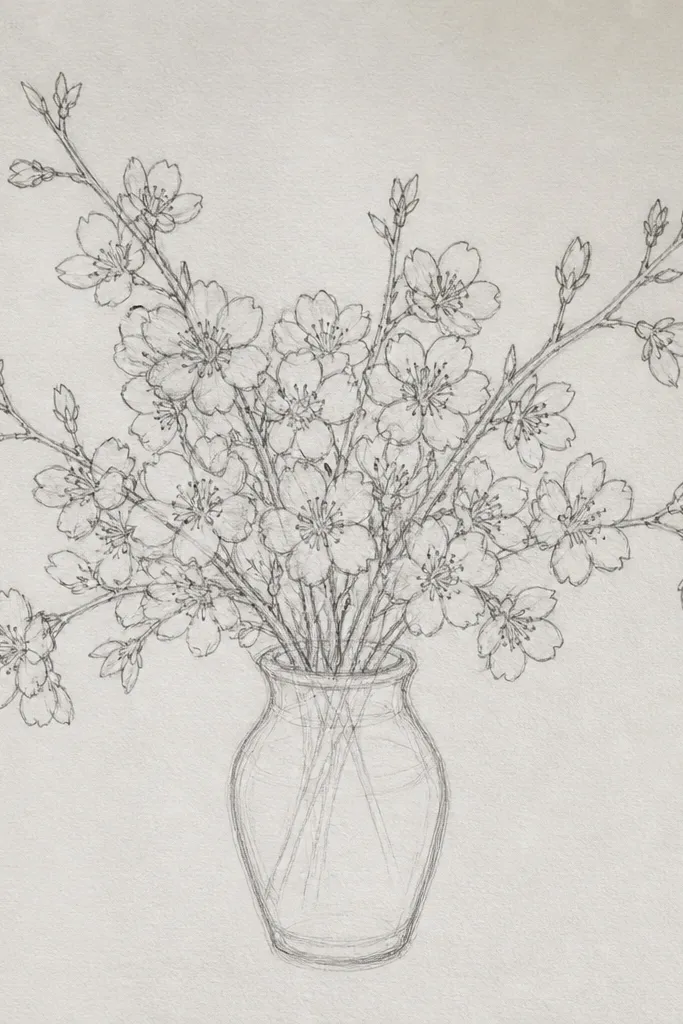 A simple vase with a rounded top and slight shadow line. Three stems rise from the vase with cherry blossom clusters along them, with a few petals overlapping the vase rim.