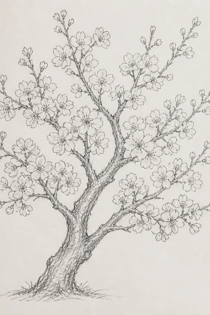A thicker trunk rises from the bottom with a few major branches spreading out. Blossoms sit mainly on the outer branches, with sparse clusters closer to the trunk.