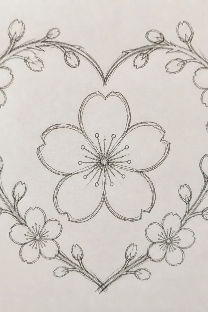 A heart-shaped outline in pencil. Inside the heart, a few branches cross and blossom clusters fill the space. Petals are drawn as small curved strokes with darker centers, and the heart outline is slightly darker than the blossoms.