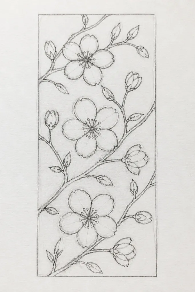 A horizontal strip filled with repeating small blossom motifs. Each motif is a tiny branch with two clusters, alternating up and down. Petals and centers are crisp, and spacing is consistent.