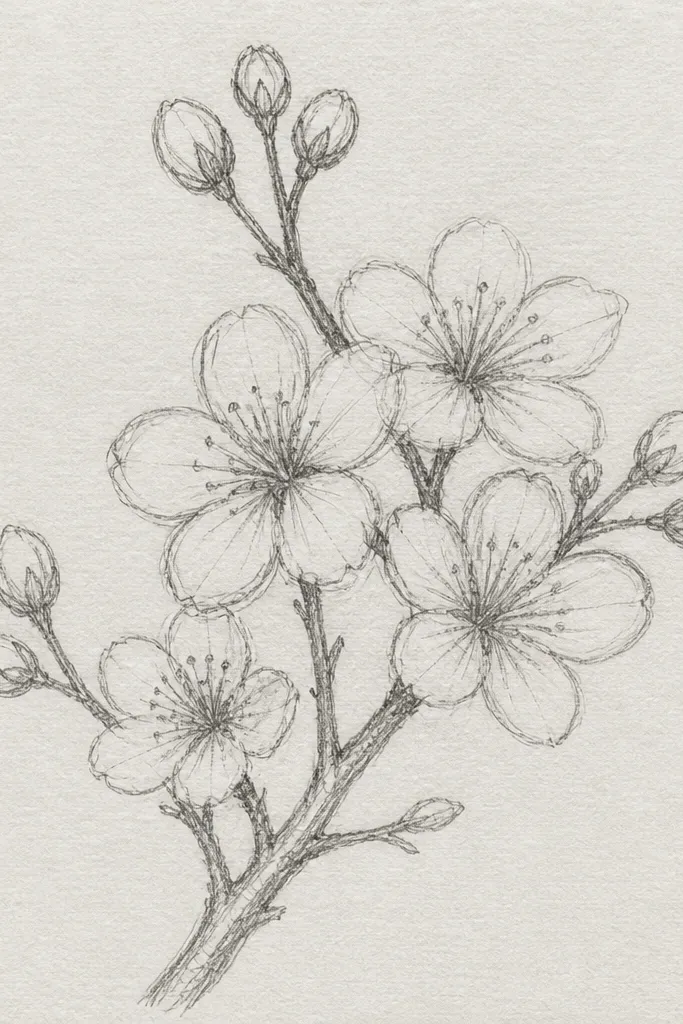 A branch rises diagonally. Blossoms are drawn as clusters with petals, and the background has gentle light crosshatching behind the blossoms. The branch line is darker, and petal centers are small dark dots.