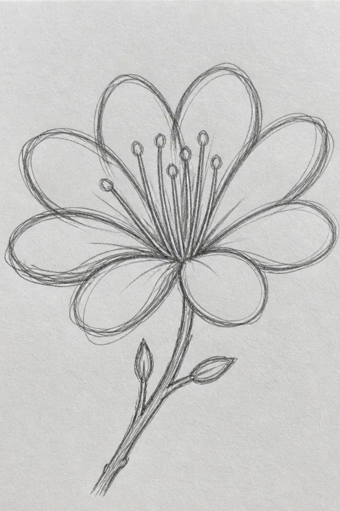 A page with one sweeping branch drawn in light brown crayon. Big cherry blossom clusters sit near the branch bend, with medium clusters along the arc and tiny pink dots at the tip. The background is mostly white with a few faint sky specks.
