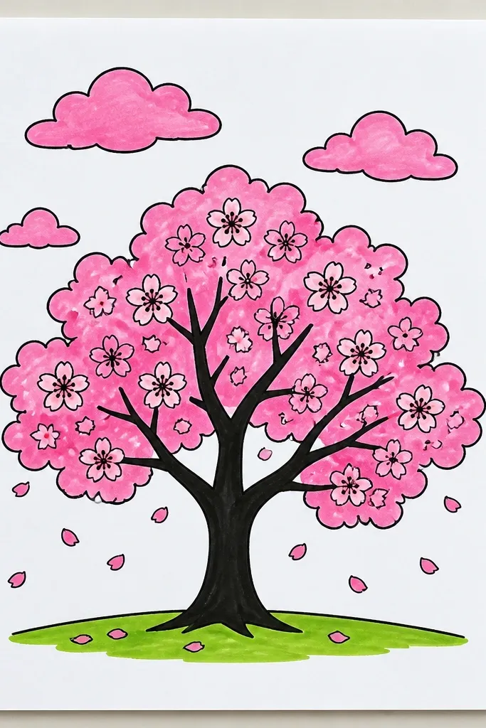 A dark brown silhouette tree with a thick trunk and branching canopy. The canopy is made of rounded pink cloud shapes layered over the silhouette. The sky behind is left white with small light-pink speckles.
