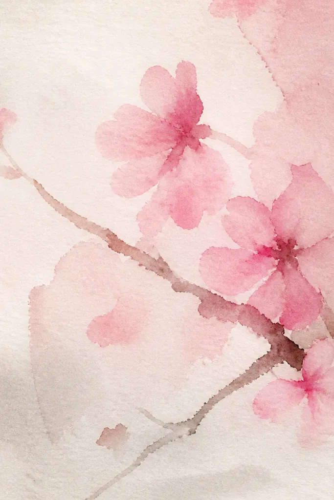 Light pencil branch lines with delicate blossom circles and small petal marks. Behind it, a soft watercolor sky wash in pale lavender and blush pink fades toward white near the horizon.