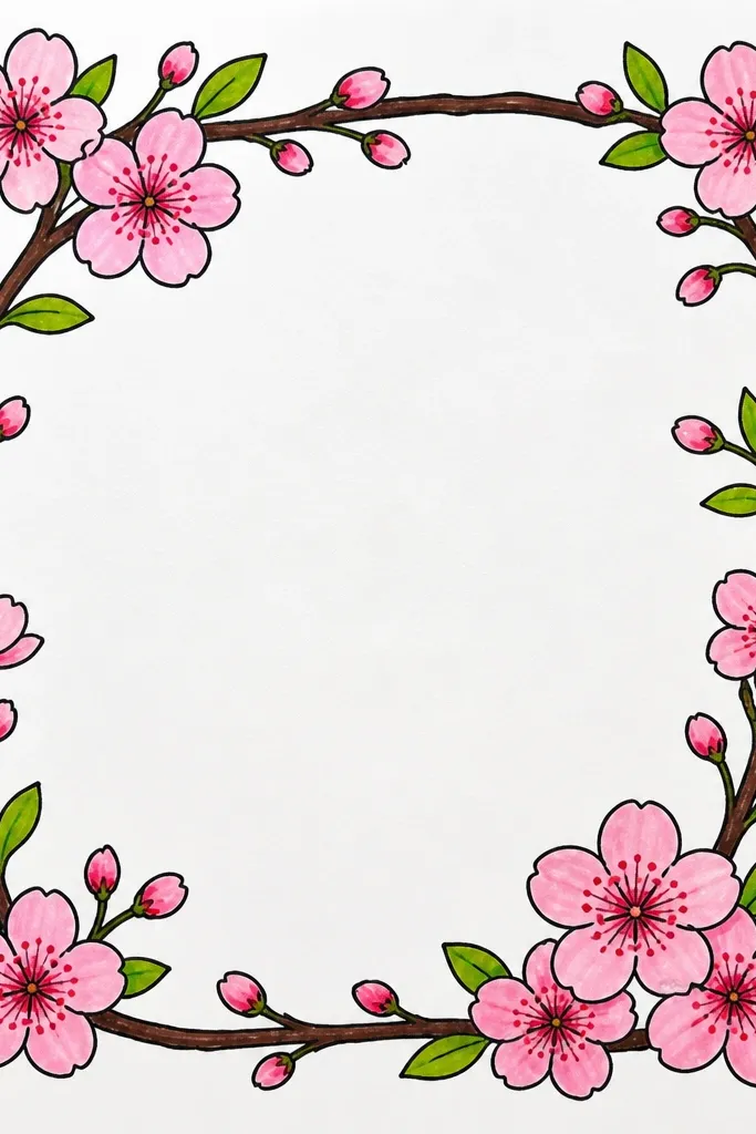 A rectangular page border made of thin branches. Blossoms form repeating clusters along the top and side edges, with lots of white space in the center like a frame.