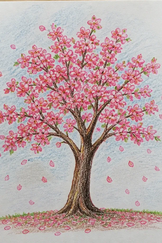 A small cherry tree on a horizon line. The trunk and branches are drawn simply, and dozens of tiny falling petal shapes float downward in pale pink and white. The ground is a single soft gray line.