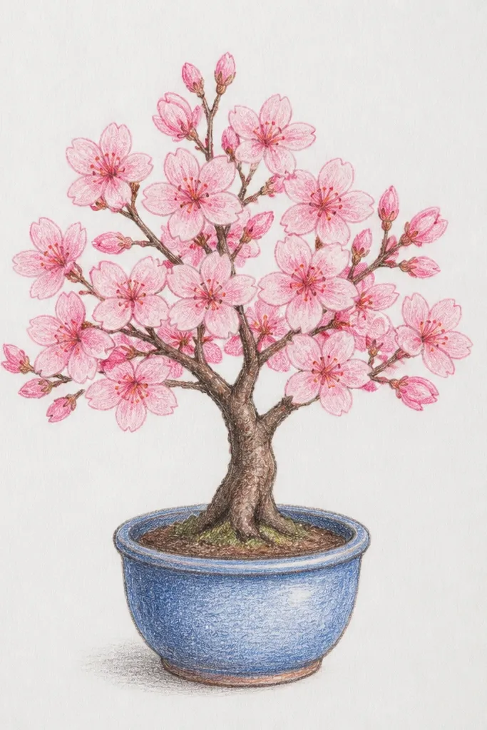 A small cherry tree with a thin trunk and a compact canopy of pink clusters. A simple pot sits at the bottom with a darker rim. The background is clean white with a few pale pink petals around the pot.