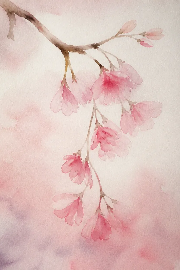 A single branch slants downward from left to right. Blossoms hang below it like small bunches, each made from a few petal shapes clustered tightly. The background is pale blue with minimal marks.
