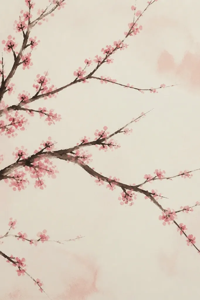 Brushy-looking branch strokes in dark brown that taper at the ends. Blossom clusters appear as small round pink marks scattered along the branches. The background is off-white with a few soft pink smudges.