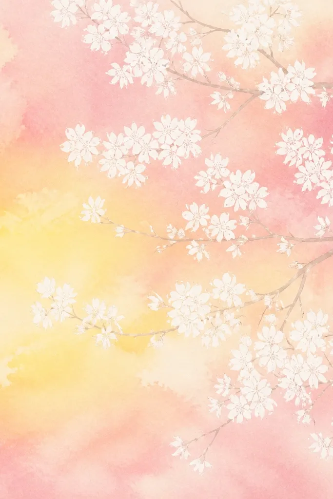 A watercolor sky in pale pink and light yellow. Cherry blossoms appear as bright white clusters with crisp edges, drawn with white gel pen over the watercolor. Faint branch lines sit underneath in light brown.