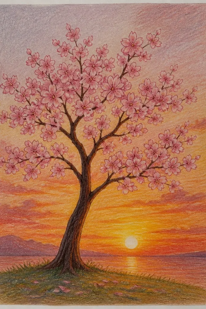 A cherry tree silhouette with blossom clusters in pink and light rose. The sky has a gradient from pale peach near the horizon to light lavender above. A warm orange band sits behind the tree at the horizon line.