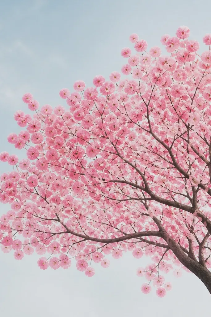 A tree canopy made of round bubble-like pink petals. Some petals show darker rose centers. A sponge or fingertip print pattern creates repeating blossom dots across branches.