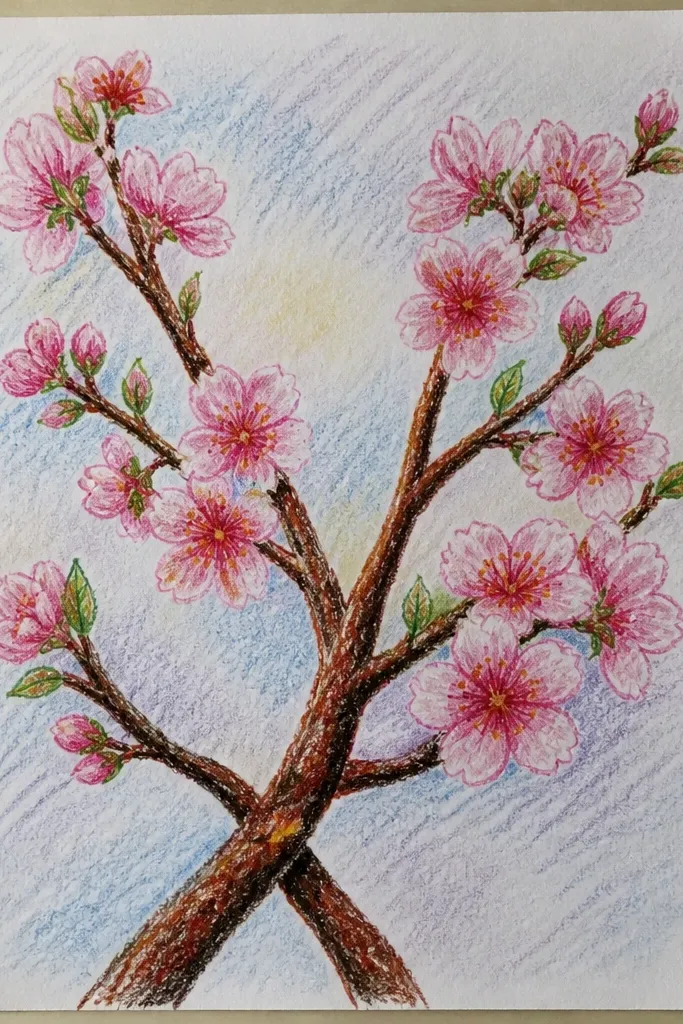 Two main branch lines cross near the center, forming a loose X shape. Blossoms cluster along the outer ends of the branches, with fewer blossoms near the crossing point. The background is white with a few light pink specks.