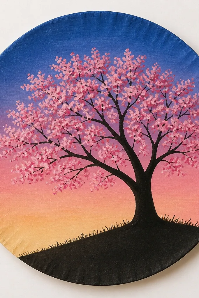 A craft-style drawing inside a circle boundary like a paper plate. The sky is colored in a gradient, and the cherry tree sits as a simple black-brown silhouette with pink blossoms on the canopy.