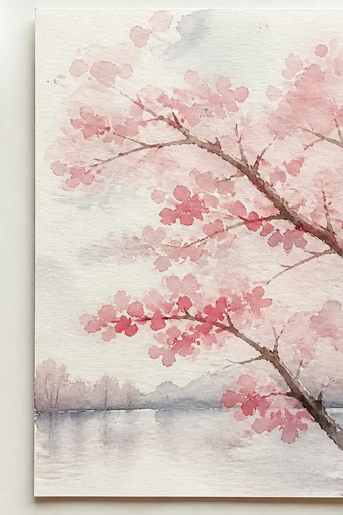 A cherry tree drawn with branches getting thinner and blossoms getting smaller toward the top and right. Foreground blossoms are larger and more detailed, while background blossoms are smaller and lighter.