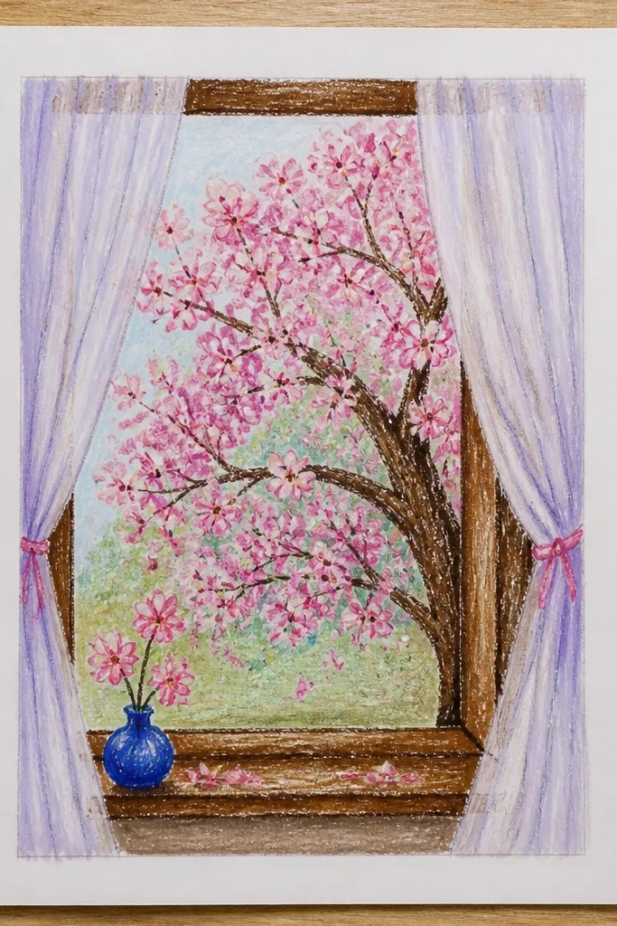 A window frame drawn with two vertical sides and a top bar. Inside the window, a cherry tree with blossom clusters looks like it's outside. A few petal shapes drift across like curtain-like motion.