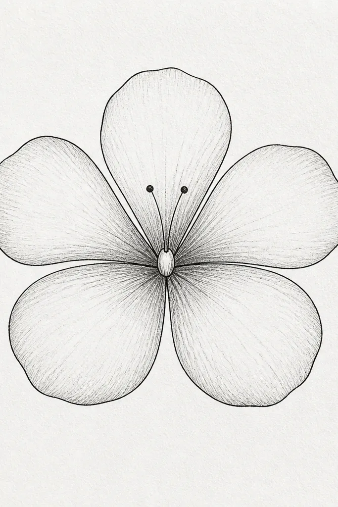 A single hibiscus flower drawn in black fineliner on white paper. Six rounded teardrop petals are evenly spaced around a small center oval. The center has a tiny stigma bump and two thin stamens with dot tips, with light pencil shading inside the petals.