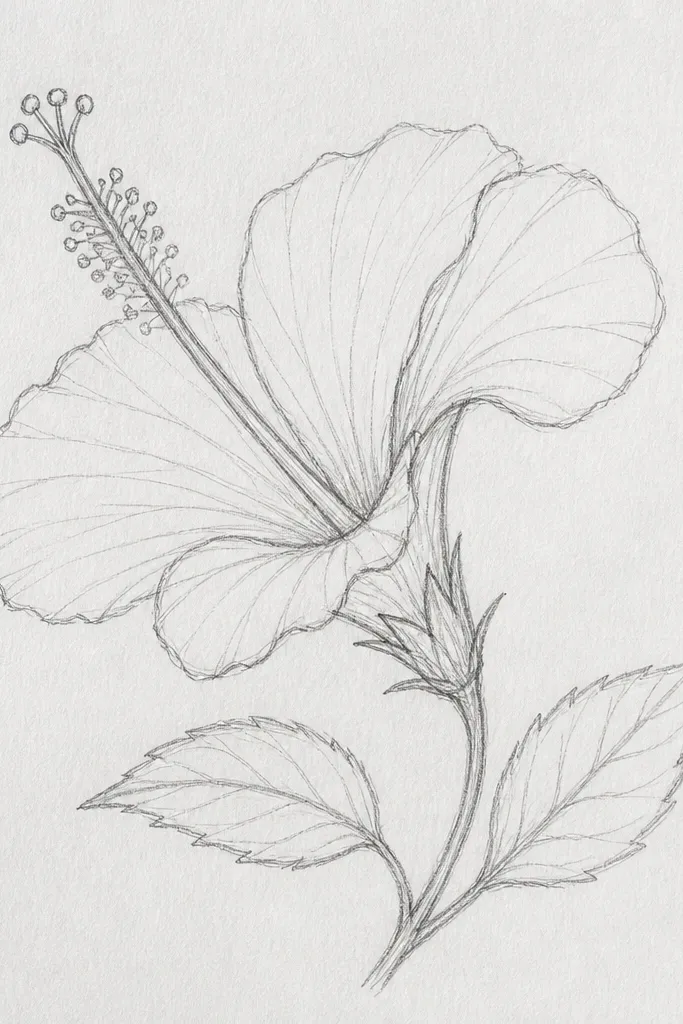 A hibiscus drawn at a slight angle. The petals overlap on the right side, with one large petal folded forward. The center is a compact oval with three stamens visible, drawn with fine lines and small dot ends.
