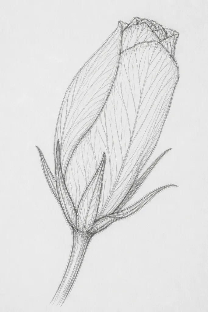 A hibiscus bud drawn in pencil and fineliner. The bud is a tight oval with layered petals wrapping around it. Several curved vein lines run from the base of each petal toward the tip, with a few darker edges for depth.