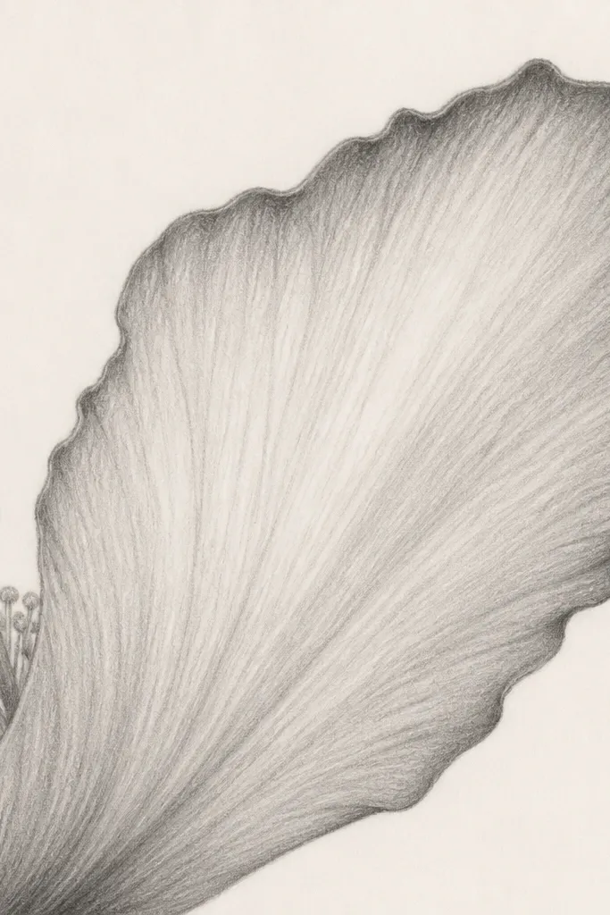 A drawing that focuses on one hibiscus petal with the center nibs peeking from behind. The petal is shaded with light pencil gradients and has a darker rim. Small stamens and a tiny stigma are visible at the base behind the petal.