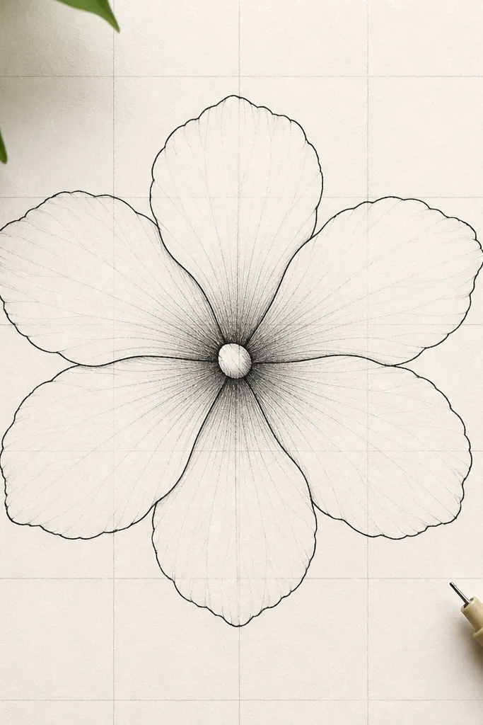 A hibiscus drawing with faint pencil grid lines over the paper. The flower has six petals evenly spaced, and the center is a small oval aligned to the grid. Petal edges are crisp in fineliner, with light shading only near the center.